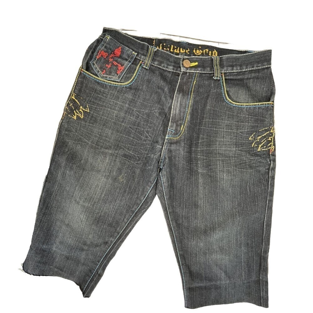 VTG Attitude Gold Baggy Denim Hip Hop Straight Cut Off Shorts Mens Sz 34x15